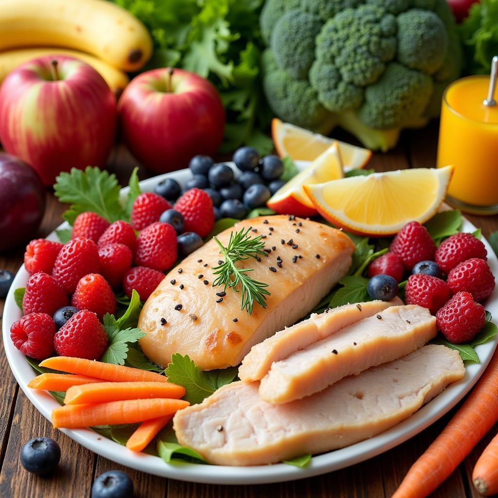 A variety of low-sodium foods including fresh fruits, vegetables, and lean meats.