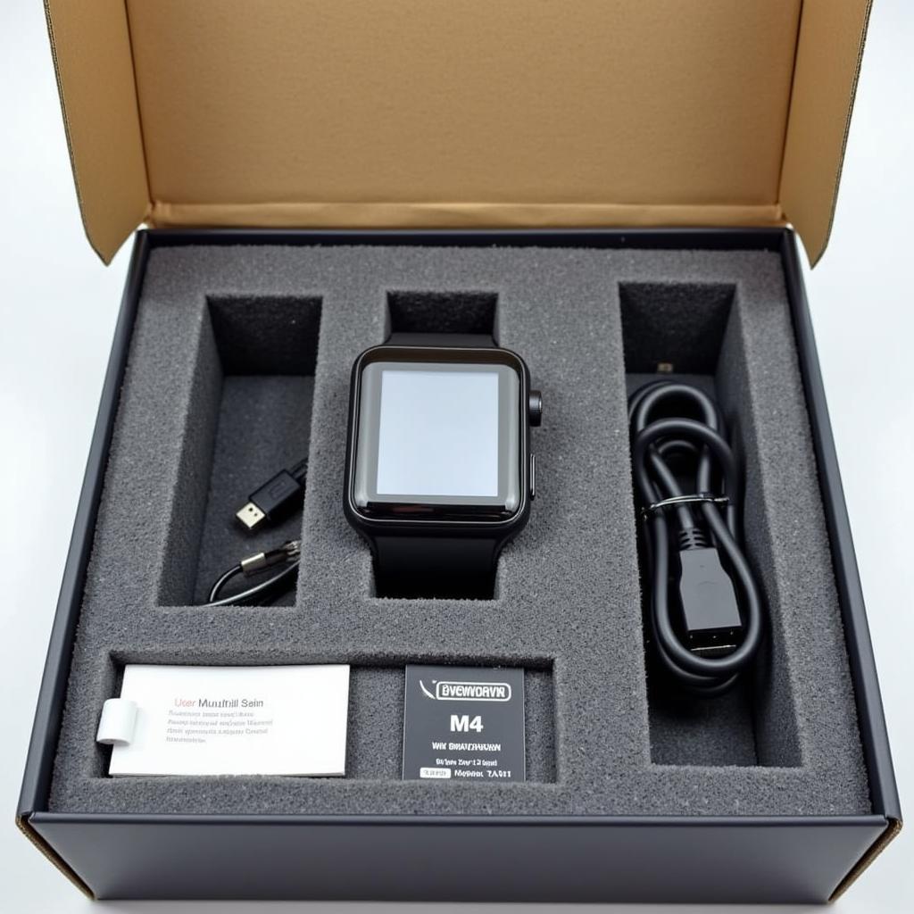 M4 Smartwatch Unboxing: The box contains the M4 smartwatch, a charging cable, and a user manual.