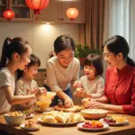 Family making traditional Tet snacks together