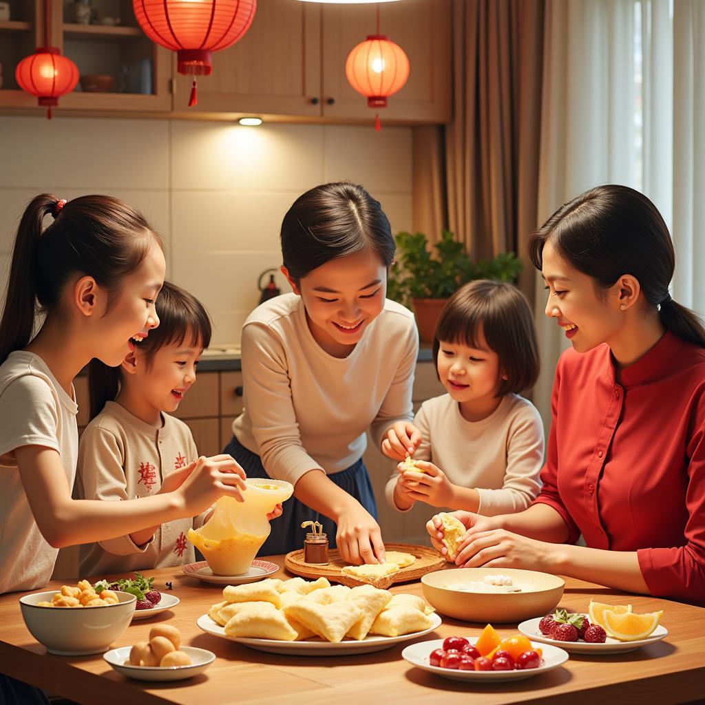 Family making traditional Tet snacks together