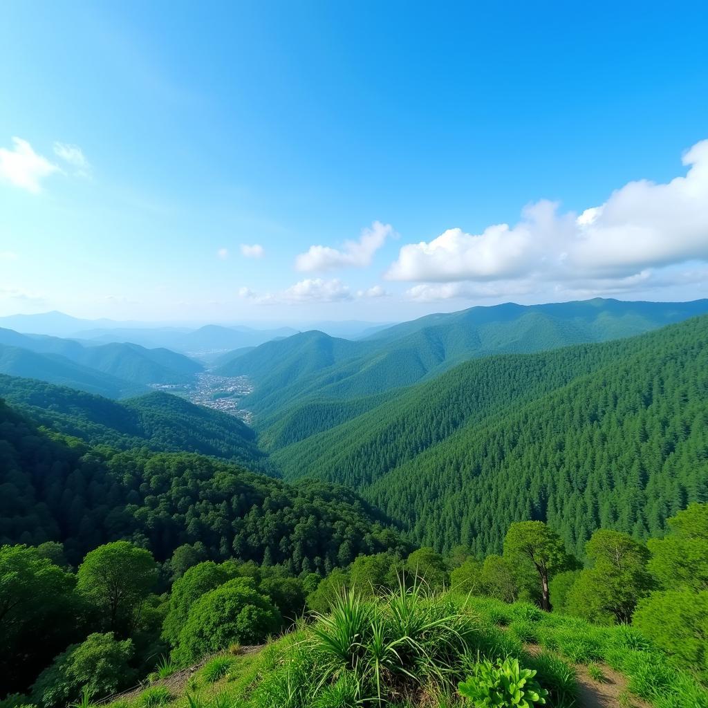 Panoramic view of Mang Den landscape with rolling hills, pine forests, and a clear blue sky