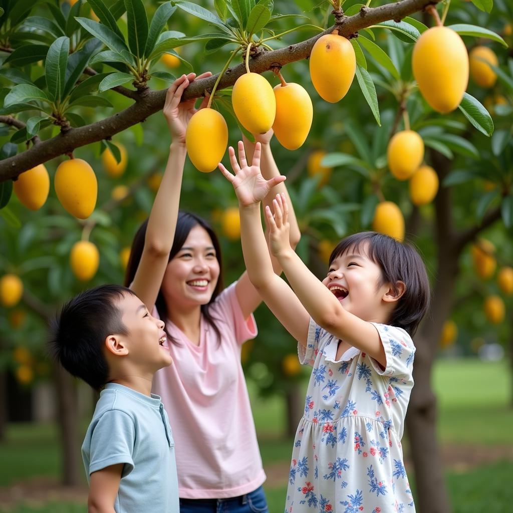 A family enjoys picking mangoes in a Hanoi orchard, with children reaching for ripe fruit and parents assisting.