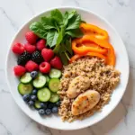 Healthy food choices during medical abortion: A plate of nutritious food including fruits, vegetables, and whole grains.