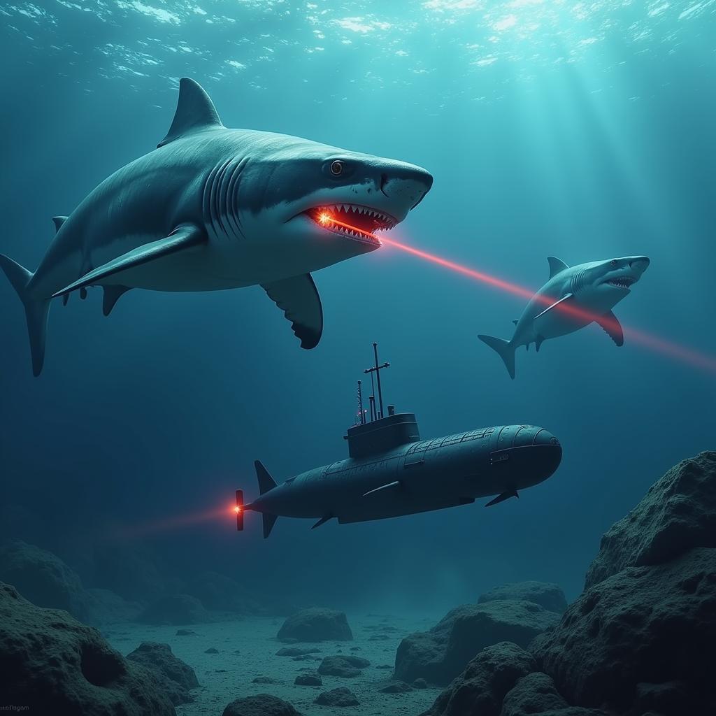 Megalodon equipped with a laser gadget, destroying a submarine.