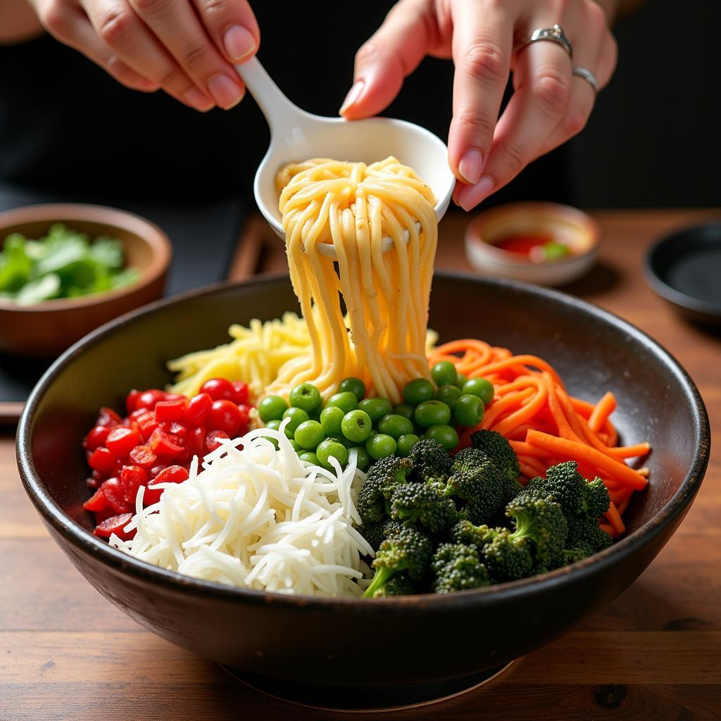 Close-up of a person mixing bibimbap with chopsticks in a stone bowl.