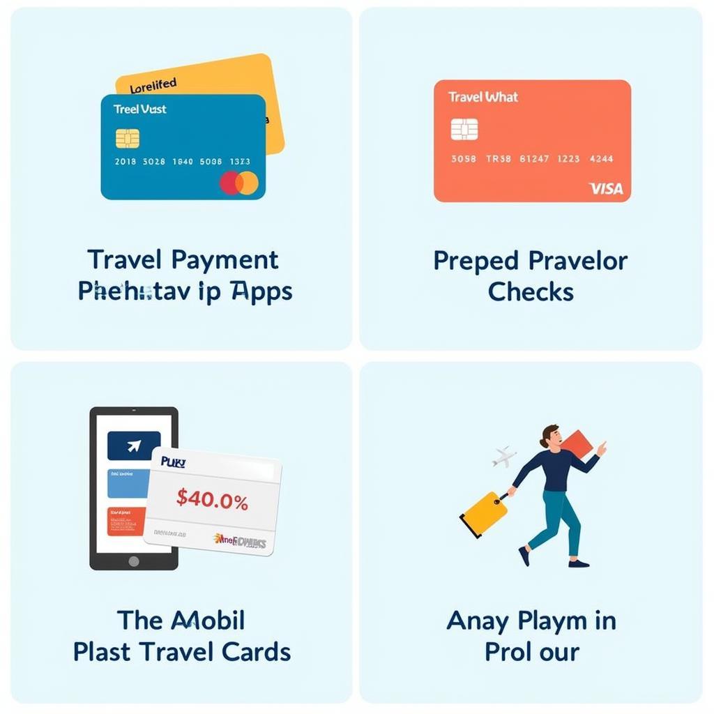 Modern Travel Payment Options: A smartphone displaying various mobile payment apps and a prepaid travel card.