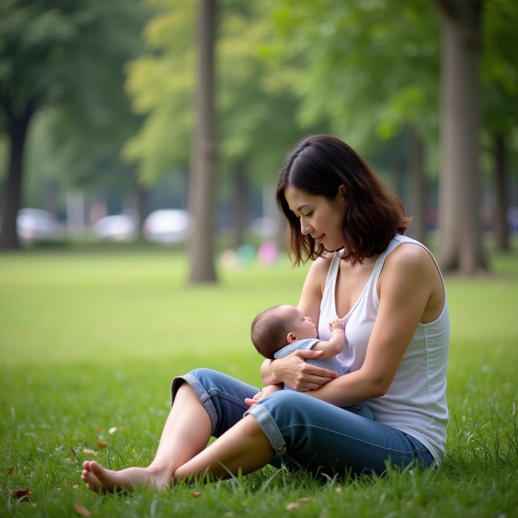 A mother and baby enjoying time together in a Hanoi park, promoting healthy lifestyle and breastfeeding.