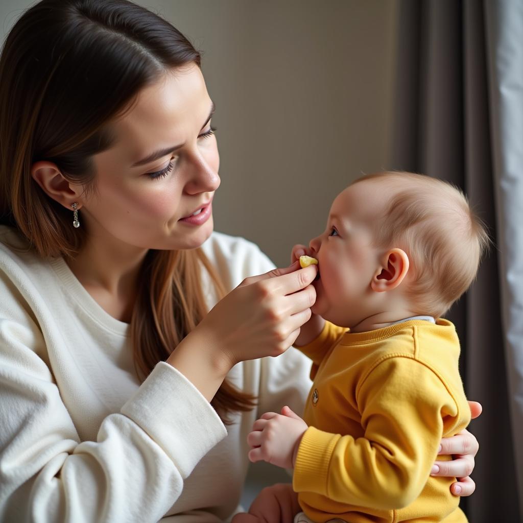 Mother Carefully Feeding a Baby Experiencing Indigestion