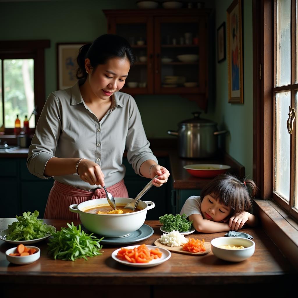 A mother preparing a pot of soup for her sick child in a Hanoi kitchen