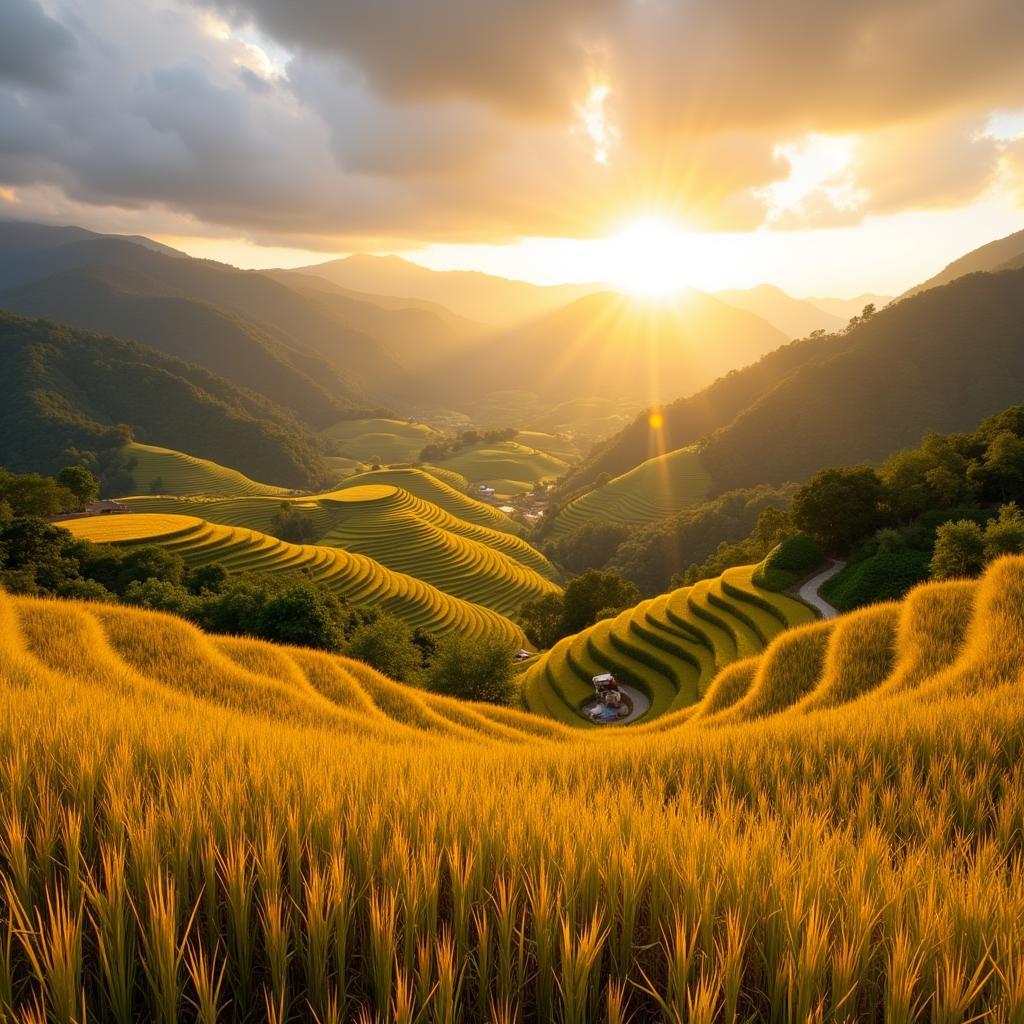 Golden Rice Terraces of Mu Cang Chai during Harvest Season