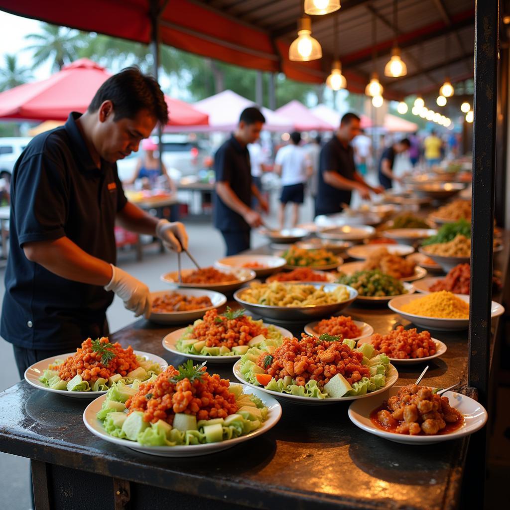 Street food vendors preparing and serving dishes in Mui Ne.