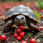 Mute Turtle Eating Berries On Land