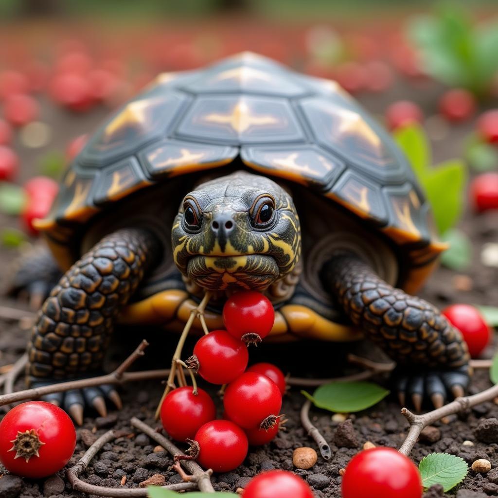 Mute Turtle Eating Berries On Land