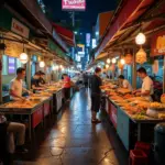 Nha Trang Street Food Market: A vibrant scene with vendors selling various dishes, from seafood to desserts.