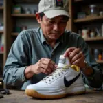 Repairing the upper part of a Nike shoe in a Hanoi workshop