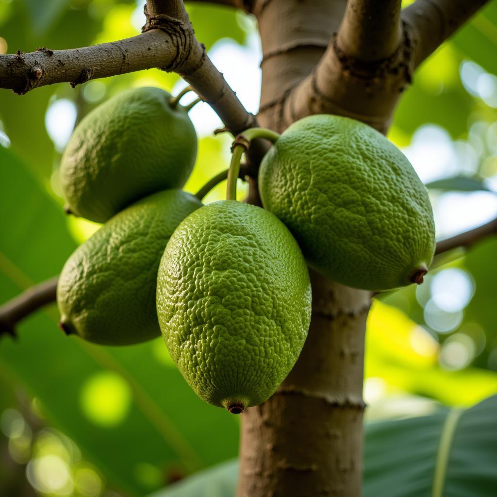 Noni fruit growing on a tree in its natural tropical habitat