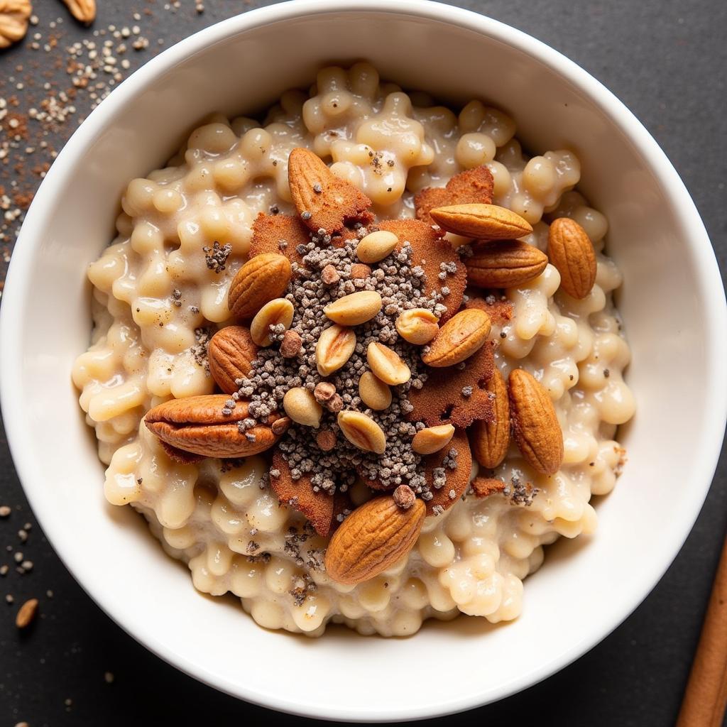 Oatmeal with various nuts, seeds, and a sprinkle of cinnamon