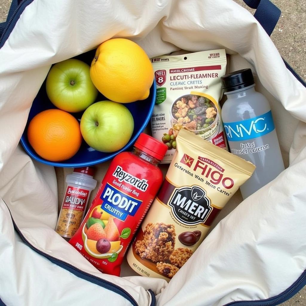 A reusable bag filled with healthy snacks like fruits, granola bars, and a water bottle.