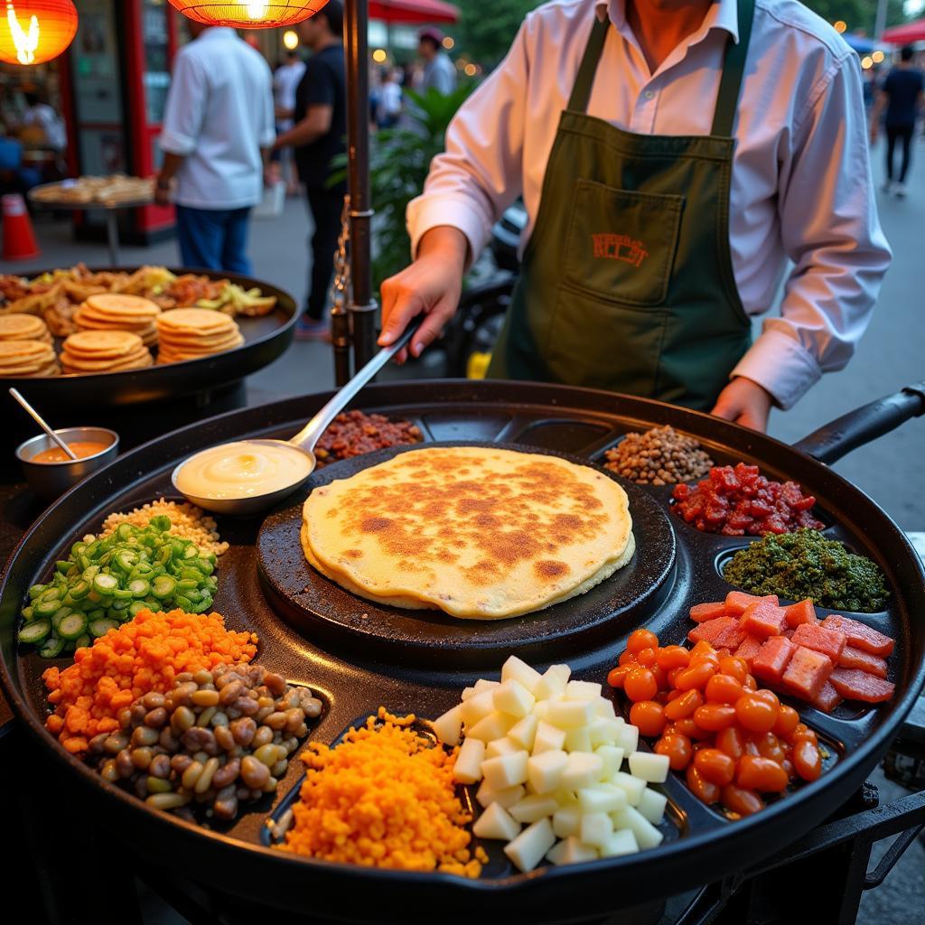 Hanoi street food vendor making fresh pancakes