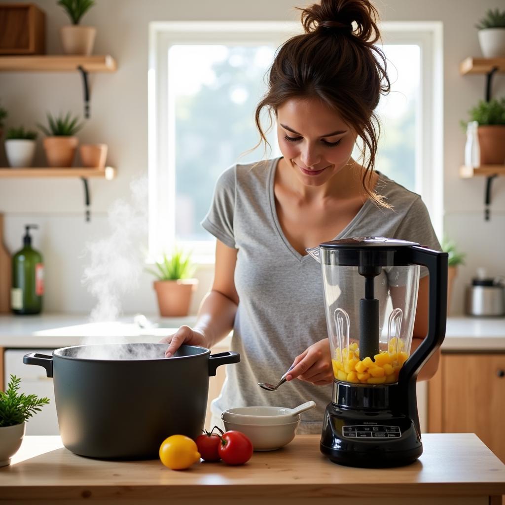 Parent preparing homemade baby food by steaming and pureeing vegetables in a blender