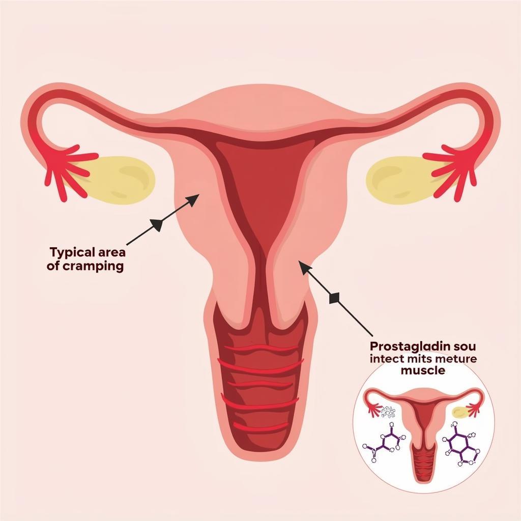 Diagram showing the location of the uterus and the source of period pain