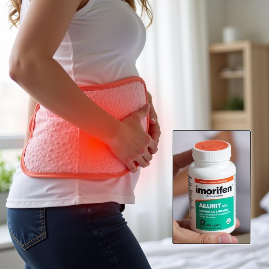 Photo of a woman applying a heating pad to her abdomen and a bottle of pain reliever.