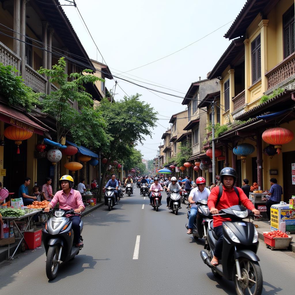 Hanoi street scene with traditional architecture, showcasing the city’s vibrant culture and bustling life.