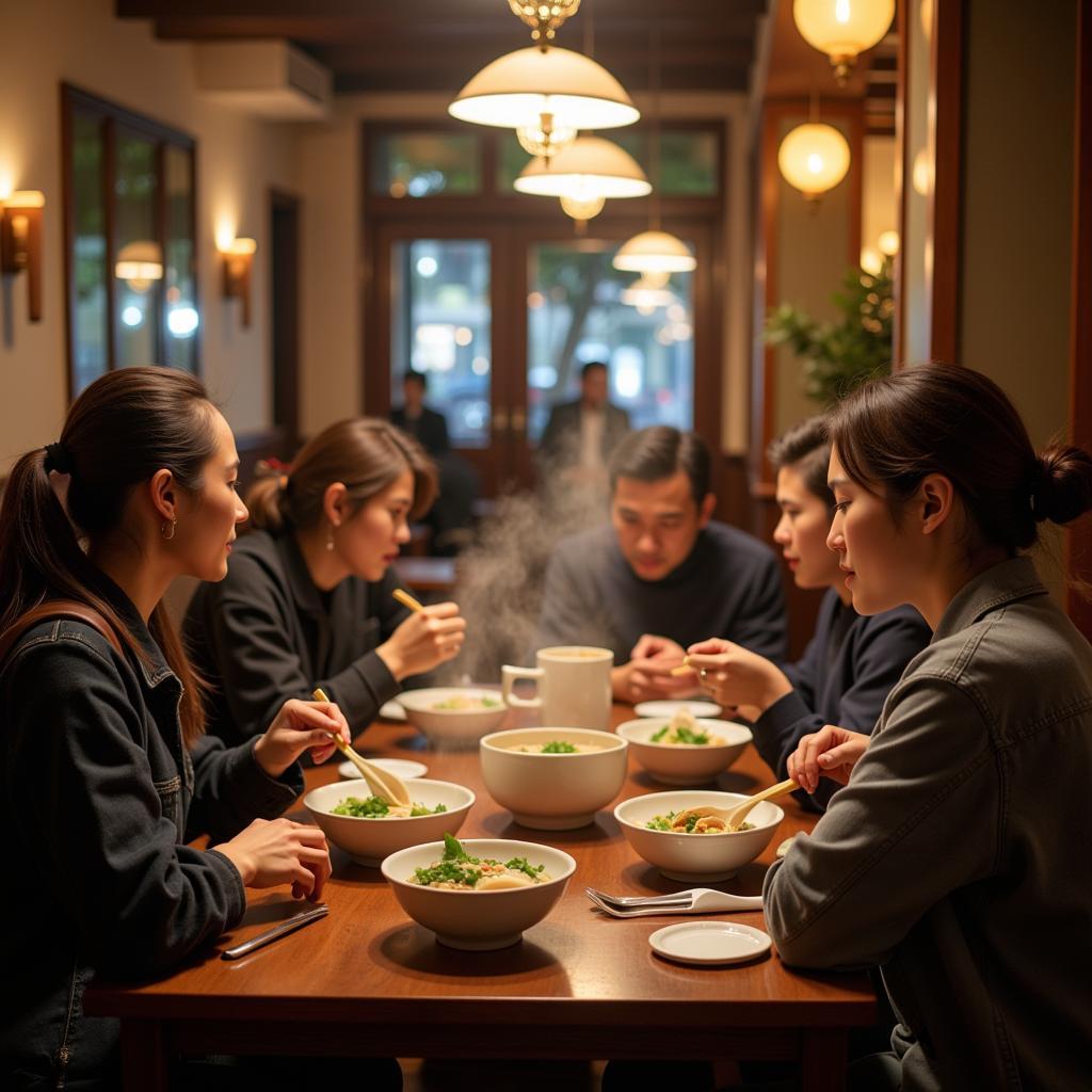 Enjoying Pho at a Restaurant in Hanoi