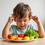 A child pushing away a plate of healthy food, demonstrating picky eating behavior.