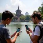 Playing Pokemon Go at Hoan Kiem Lake