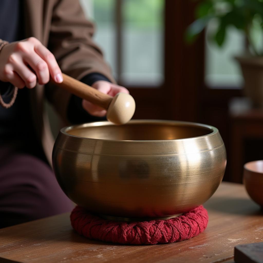 Playing a Xoan Kim Giao singing bowl in a peaceful setting