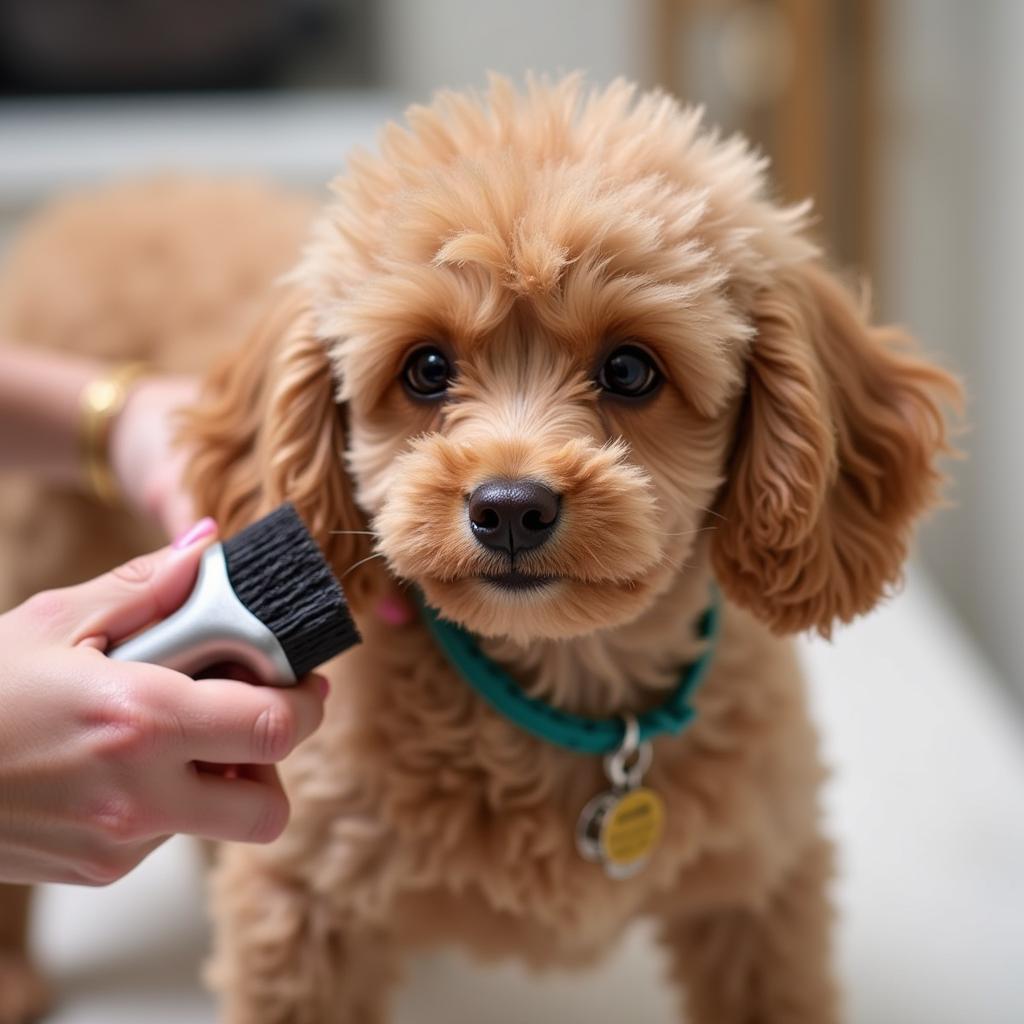 Poodle being groomed by its owner