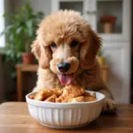 Poodle enjoying a meal of chicken