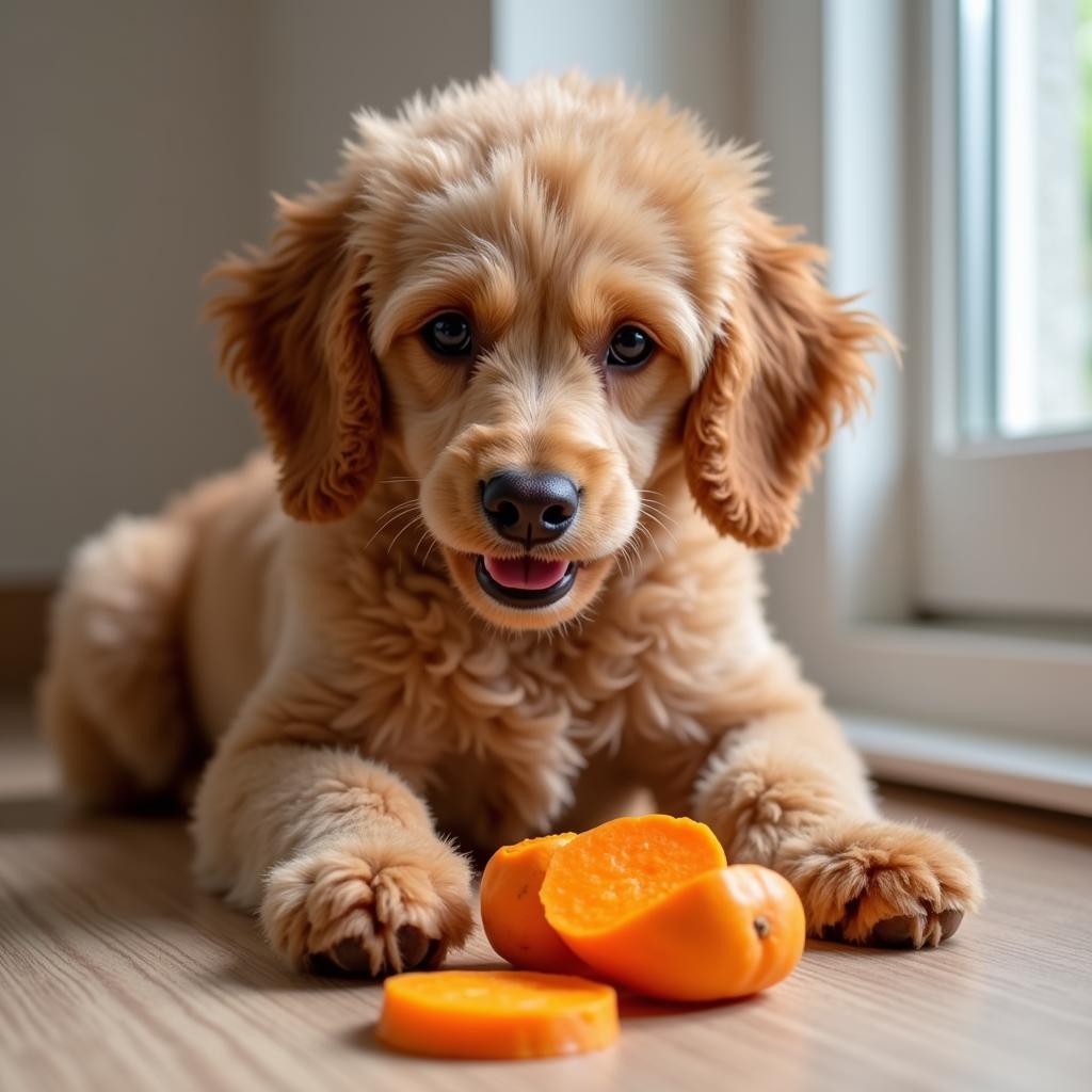 Poodle eating a slice of sweet potato