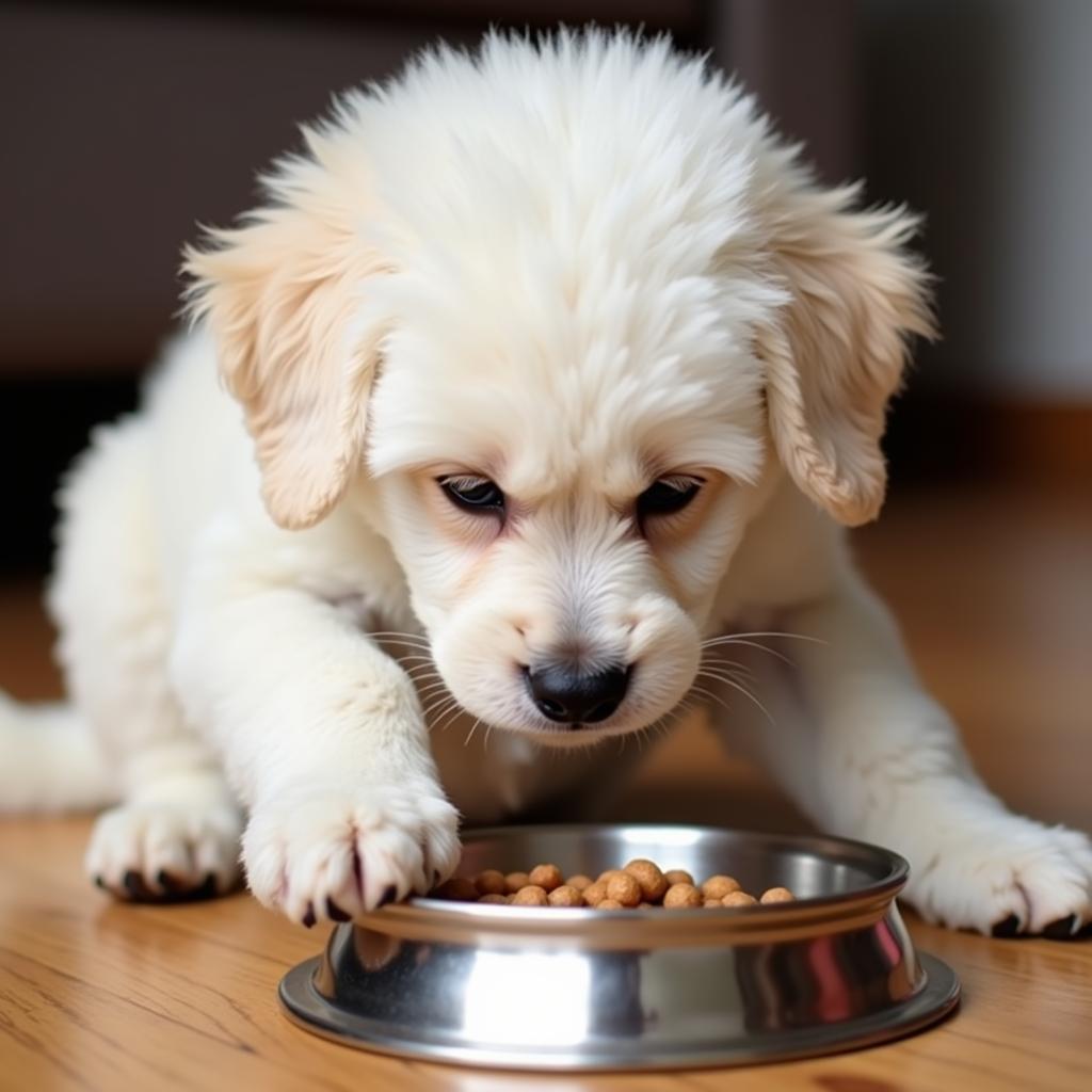 A Poodle puppy eating from a bowl