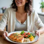 A postpartum mother enjoying a nutritious and balanced meal.