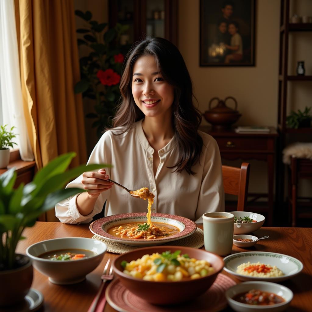 A new mother enjoying a bowl of steaming Vietnamese postpartum food