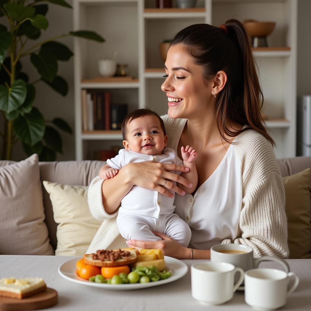 A postpartum mother holding her baby while eating a healthy meal.