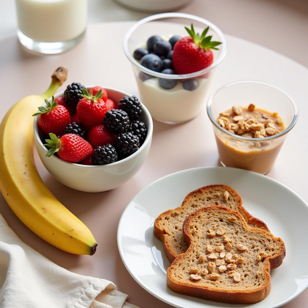 Healthy pre-yoga snacks like fruits, yogurt, and toast with nut butter.