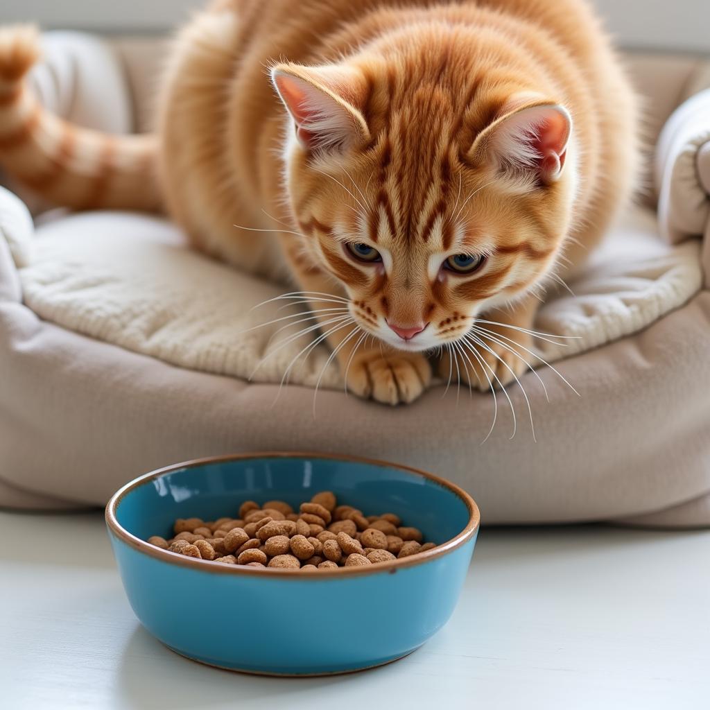 A pregnant cat eating from a bowl