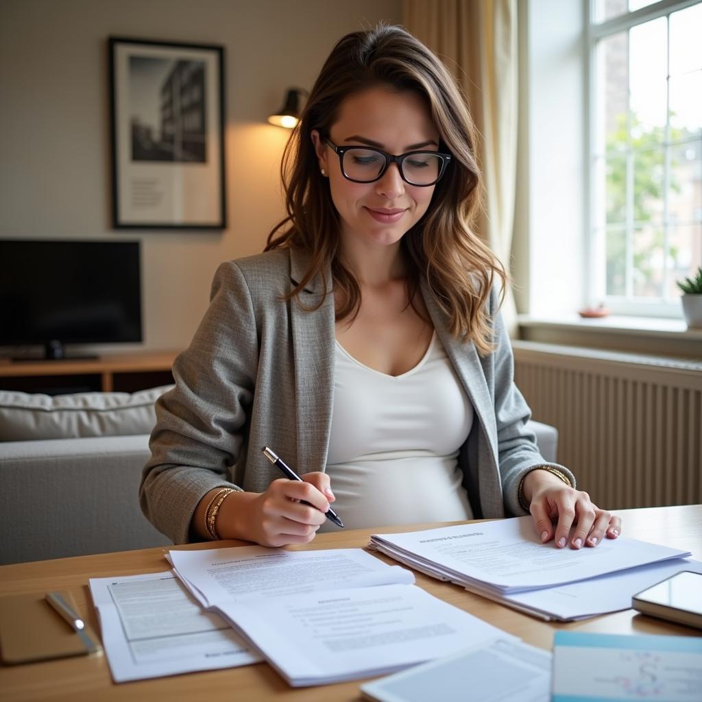 Pregnant woman reviewing travel documents and itinerary