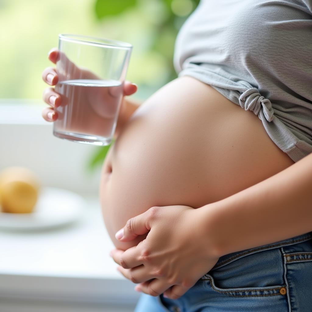 Pregnant woman staying hydrated by drinking water.