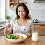 Pregnant woman enjoying a healthy meal with calcium-rich foods like dairy, leafy greens, and fortified cereals.