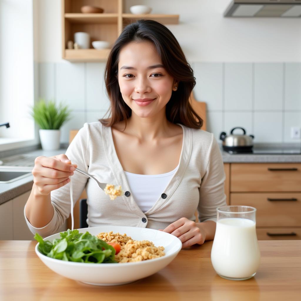 Pregnant woman enjoying a healthy meal with calcium-rich foods like dairy, leafy greens, and fortified cereals.