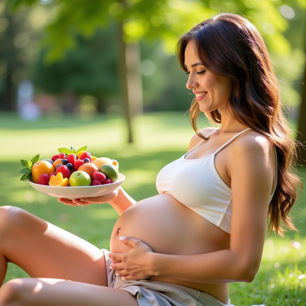 Pregnant Woman Enjoying a Fruit Salad