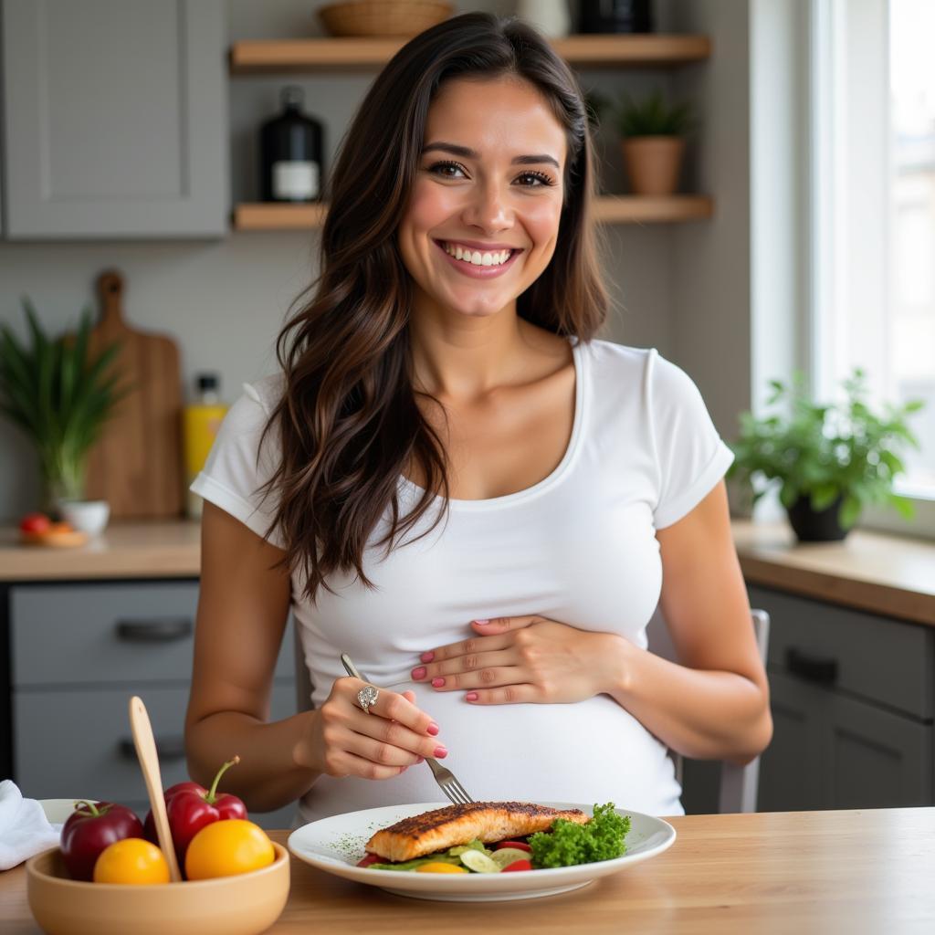 Pregnant woman enjoying a healthy meal rich in fruits, vegetables, and lean protein.