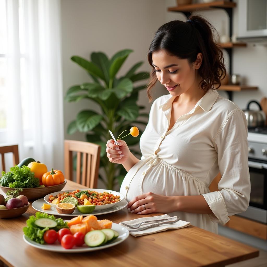 Pregnant woman enjoying a healthy and balanced meal.