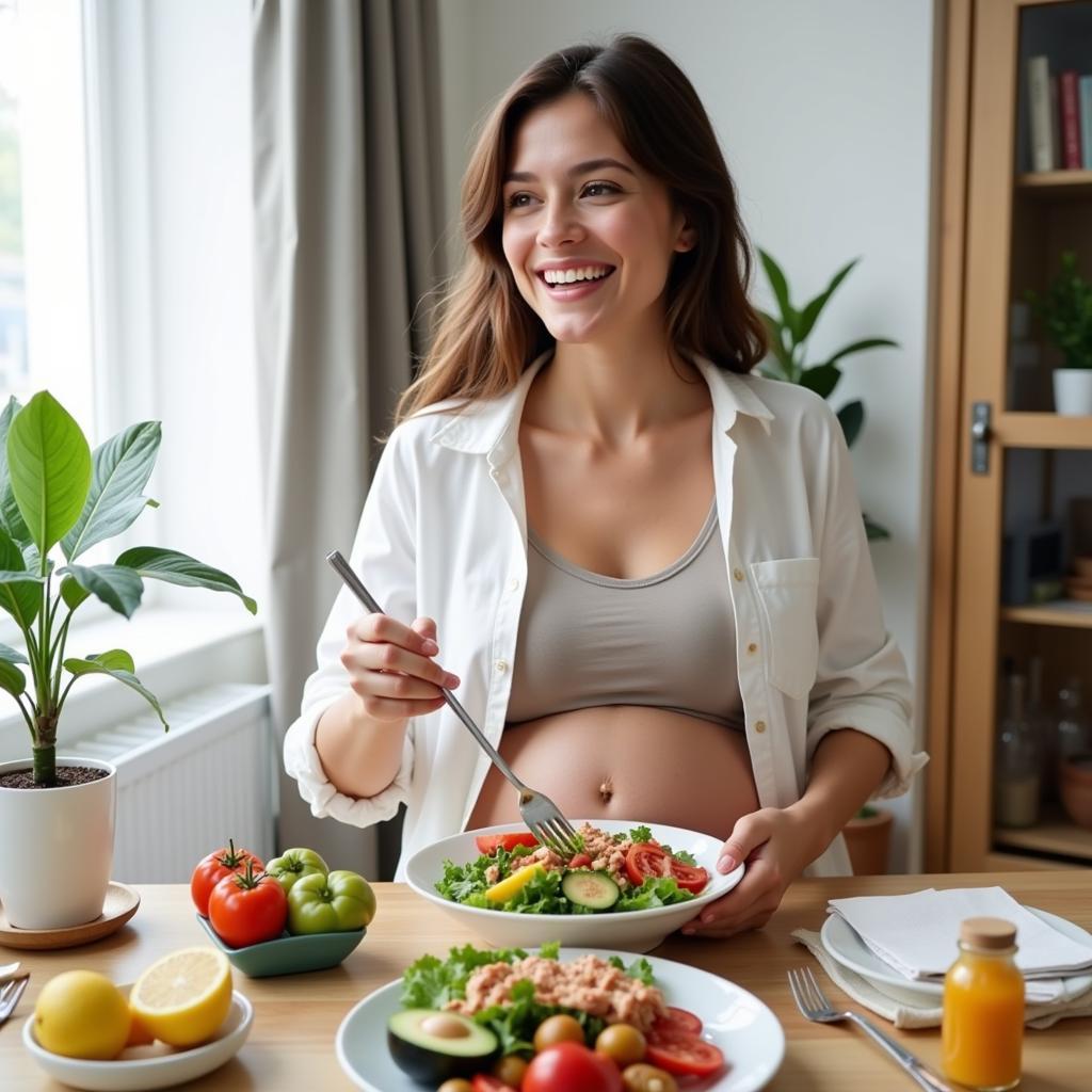 Pregnant woman enjoying a healthy salad