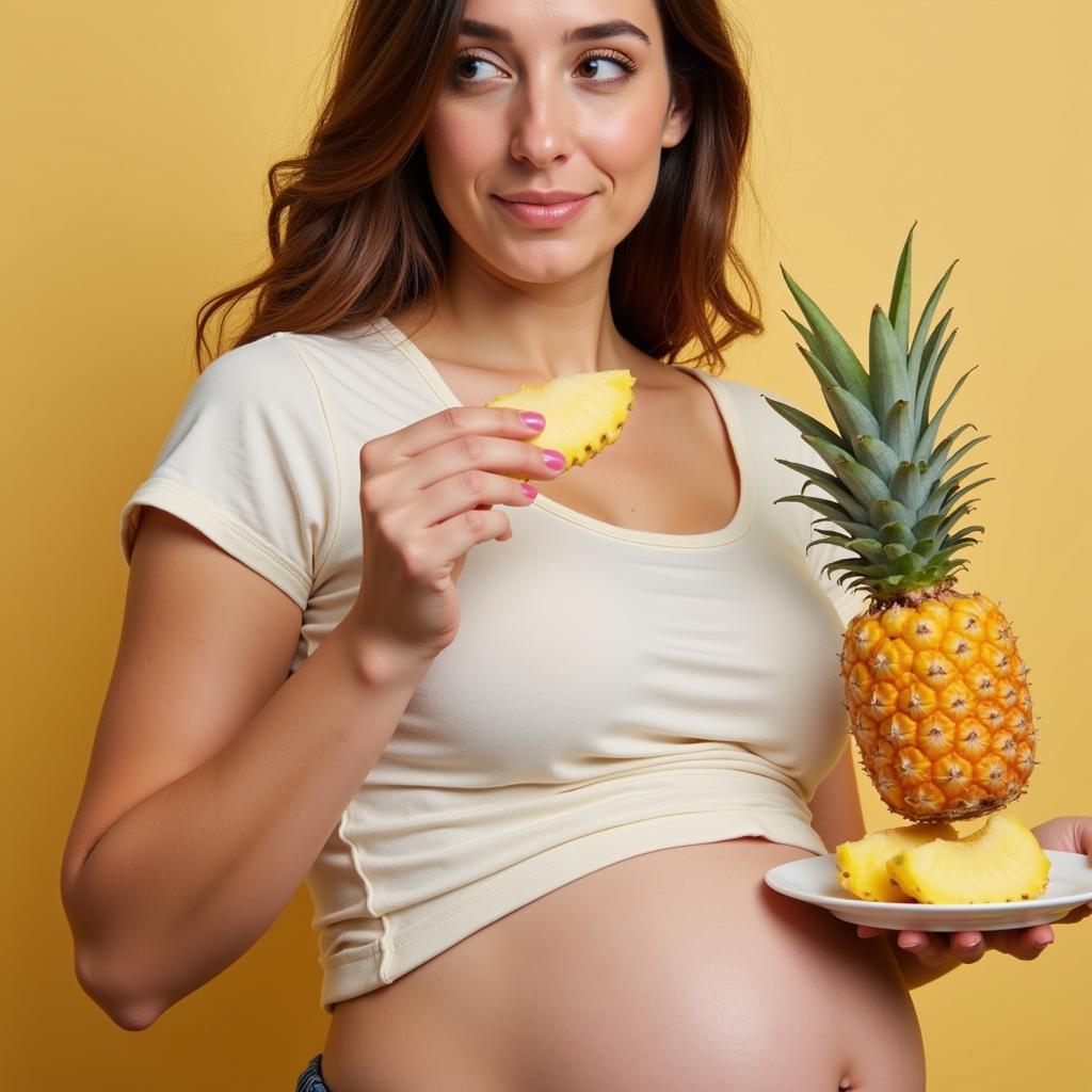 Pregnant woman eating pineapple