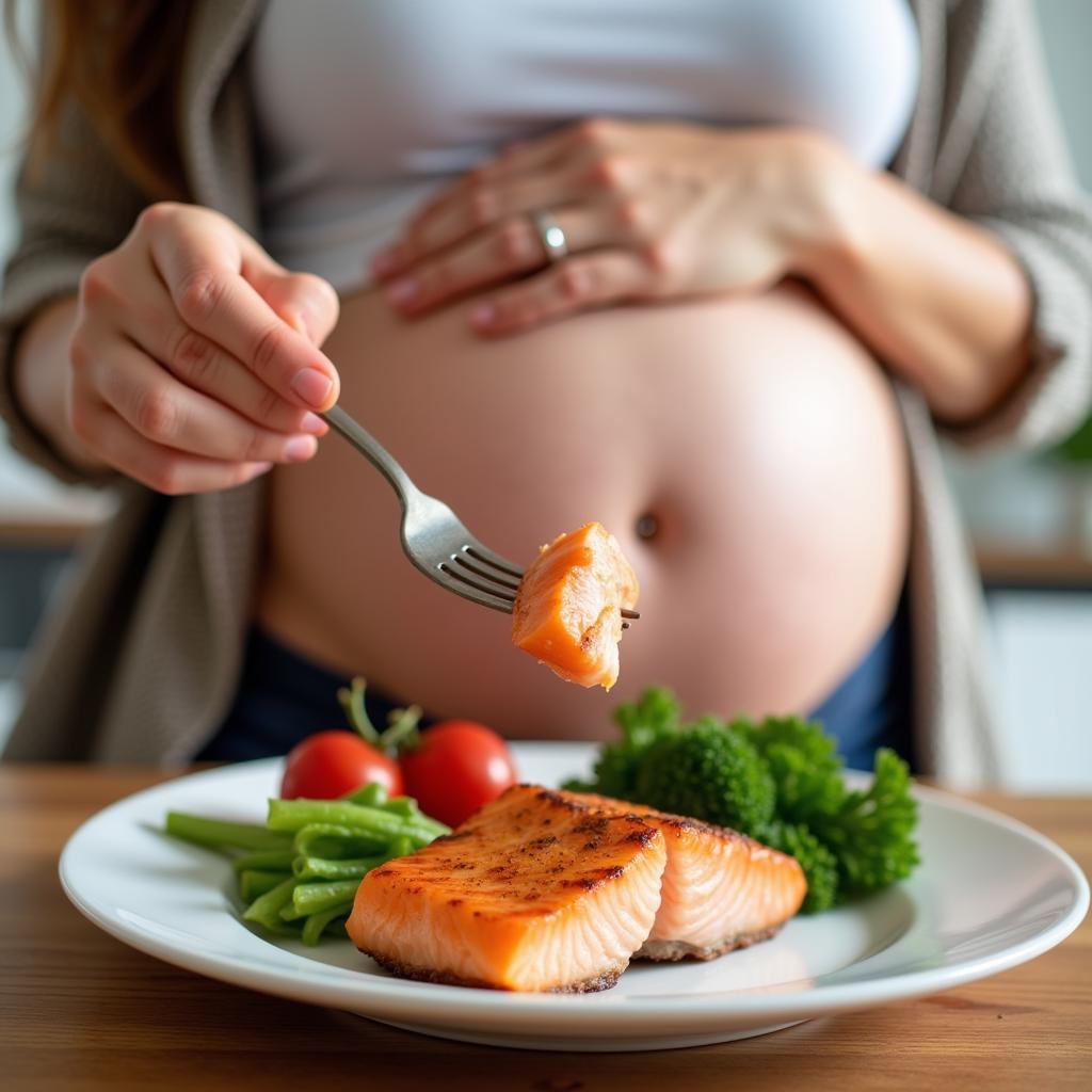 Pregnant woman eating salmon rich in DHA.